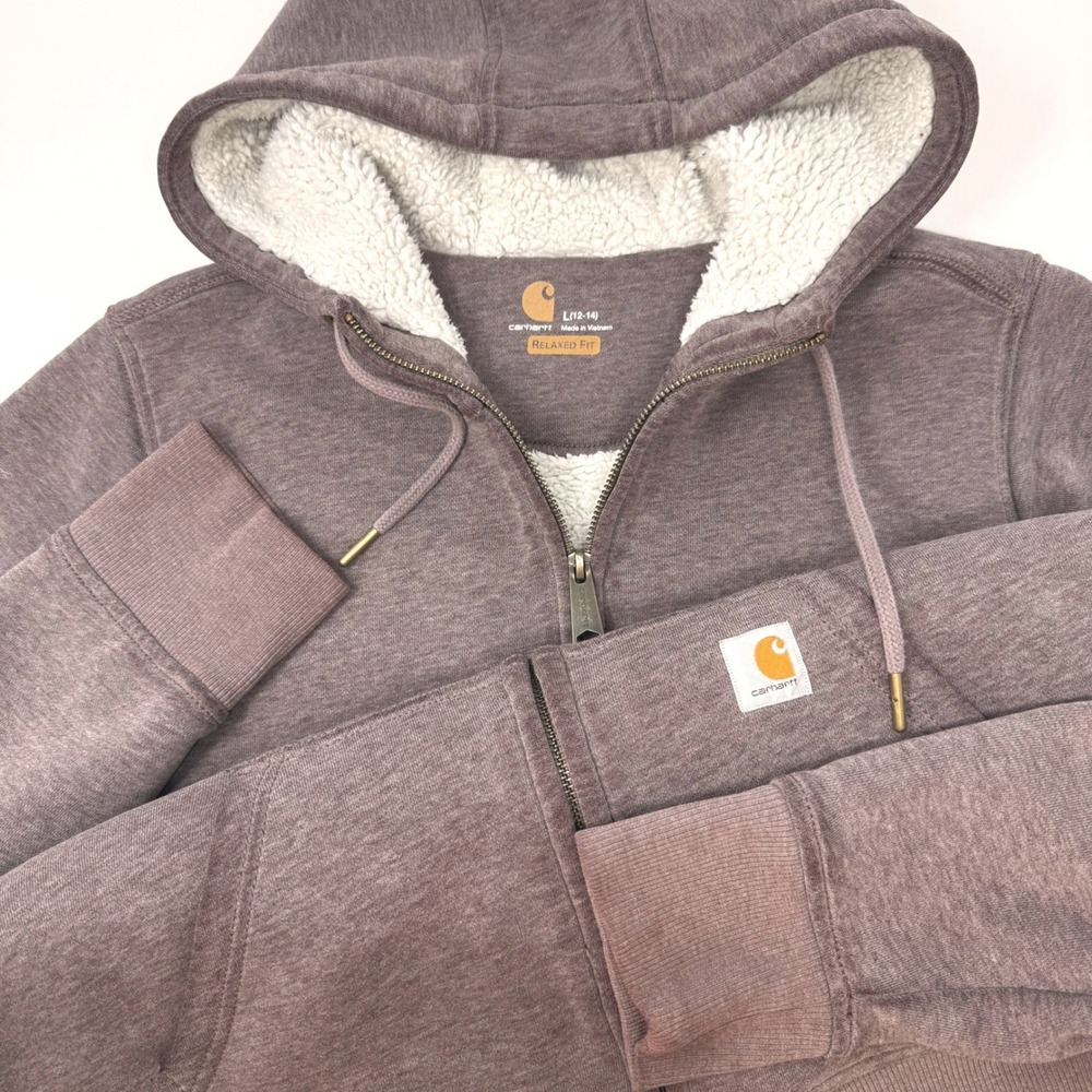 Carhartt Womens Relaxed Fit Sherpa Lined Full Zip Hoodie Mauve Large